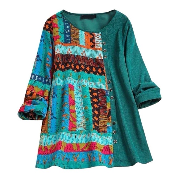 Zanzea Mixed Media Corduroy Top Ethnic Print Buttoned Women’s XXL Green Spl… - Picture 10 of 14